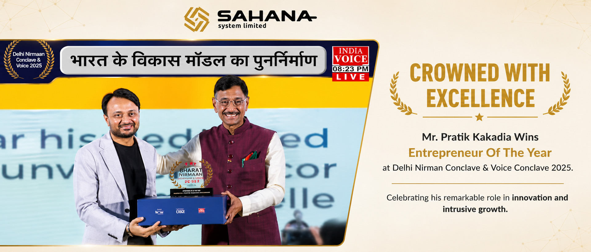 Sahana’s Managing Director honoured with the Entrepreneur of the Year Award at Nirman Conclave & Awards 2025